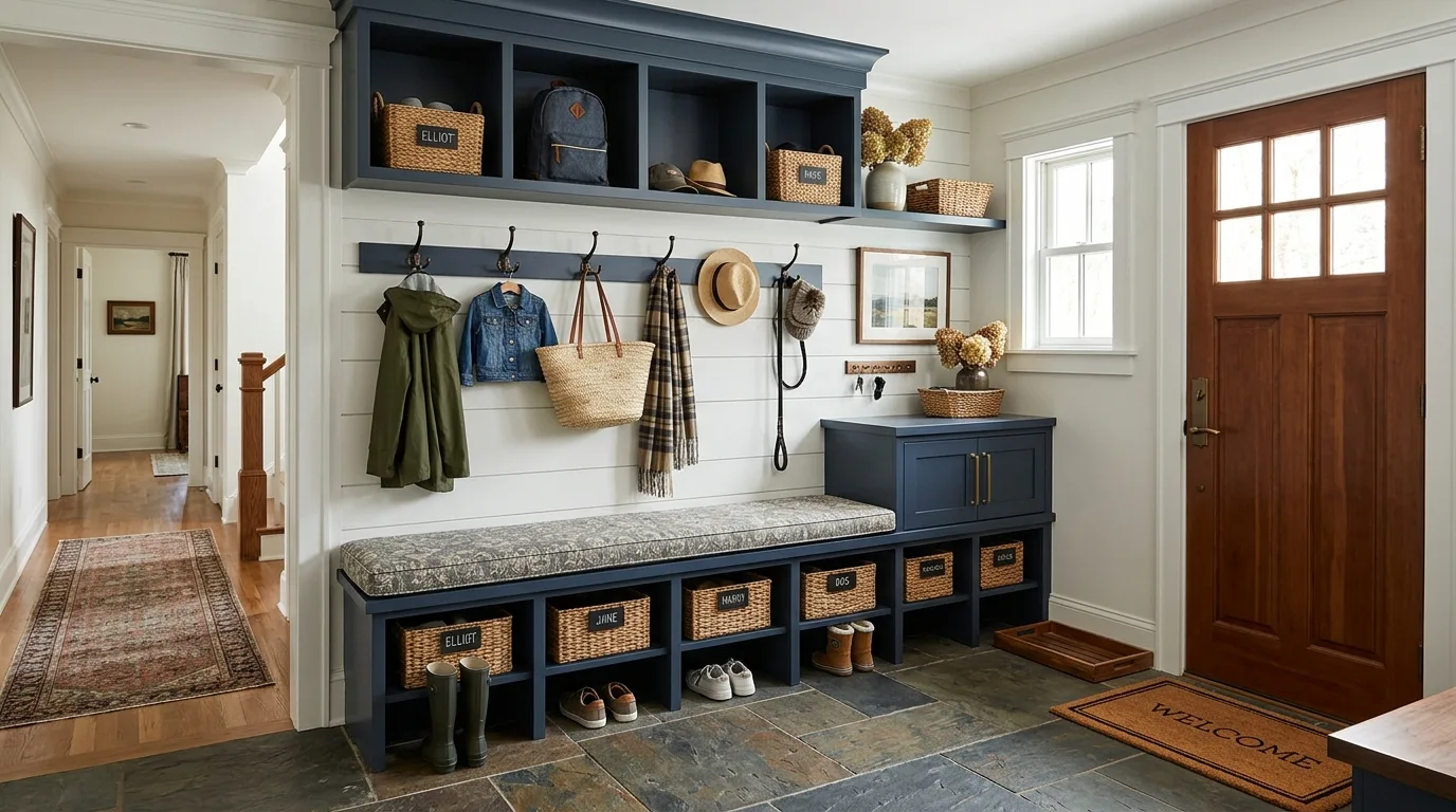 Functional mudroom designed as an organized and stylish entryway.